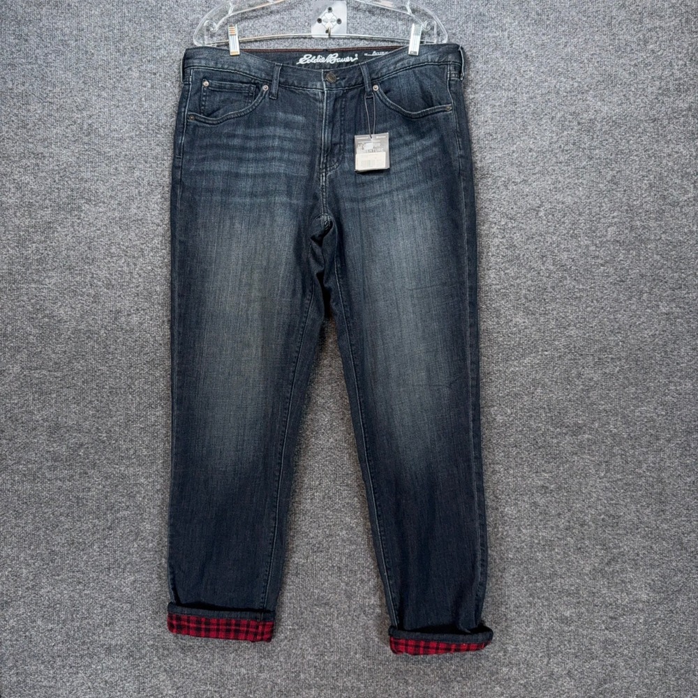 Eddie Bauer Flannel Lined Jeans Womens 12 Dark Blue Boyfriend Relaxed‎ New